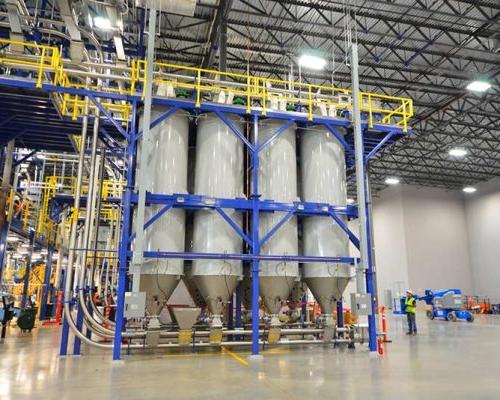 In-line silos inside Farmer Brothers roasting facility